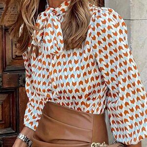 Women's Tie Collar Long Sleeve Orange/Light Blue Geometric Print Blouse